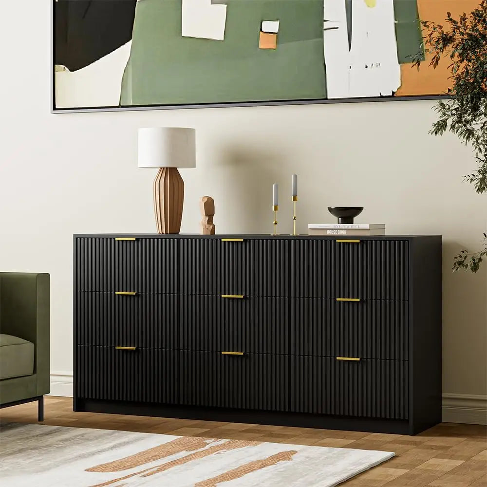 ANGELA Modern Fluted 9-Drawer Dresser - 63'' Wide Black Wood Storage Chest