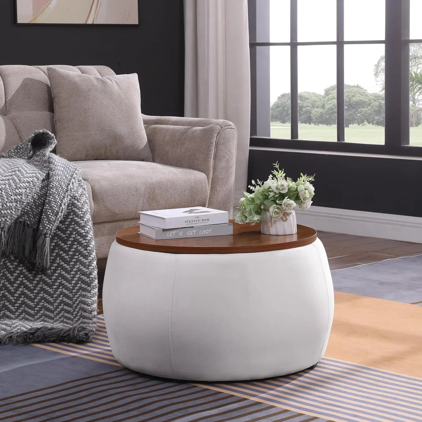 KAYLA Round Velvet Ottoman Storage Coffee Table – 26"W