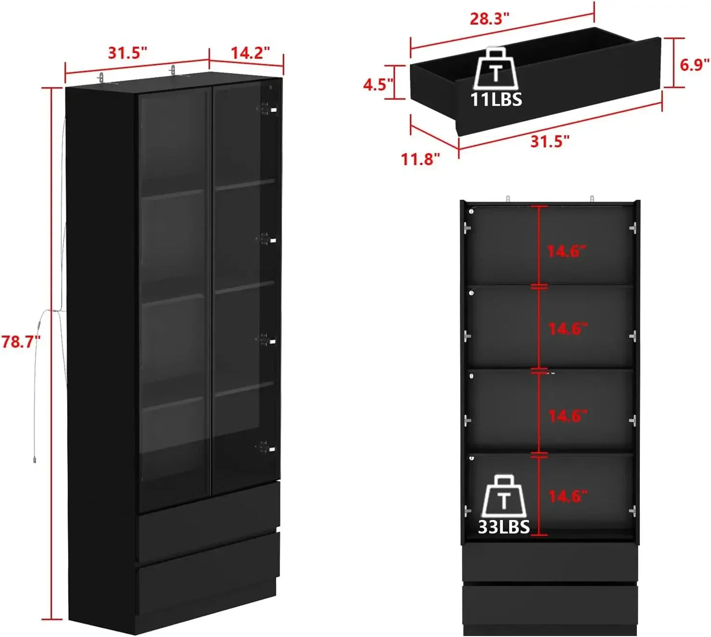 MARY Modern Bookcase with LED Lights, Glass Doors & 4-Tier Shelves - 31.5" W