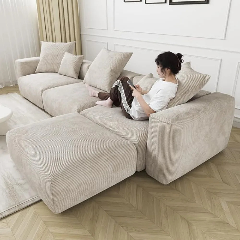 KAYDEN Modular Corduroy L-Shaped Sectional Sofa – Modern 3-Seater with Ottoman - 118.11"W