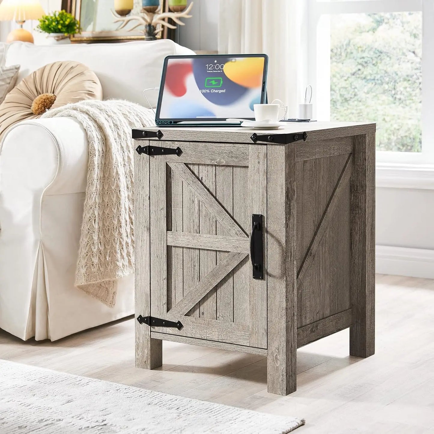CAMILLA Rustic Farmhouse Barn Door Nightstand with Charging Station - 18'' Wide