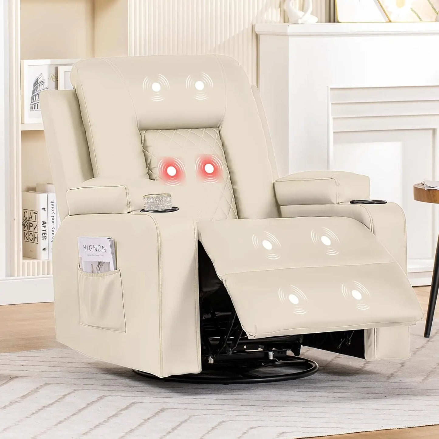NORA Swivel Rocker Recliner Chair - Massage & Heat - Modern Faux Leather - 24" W