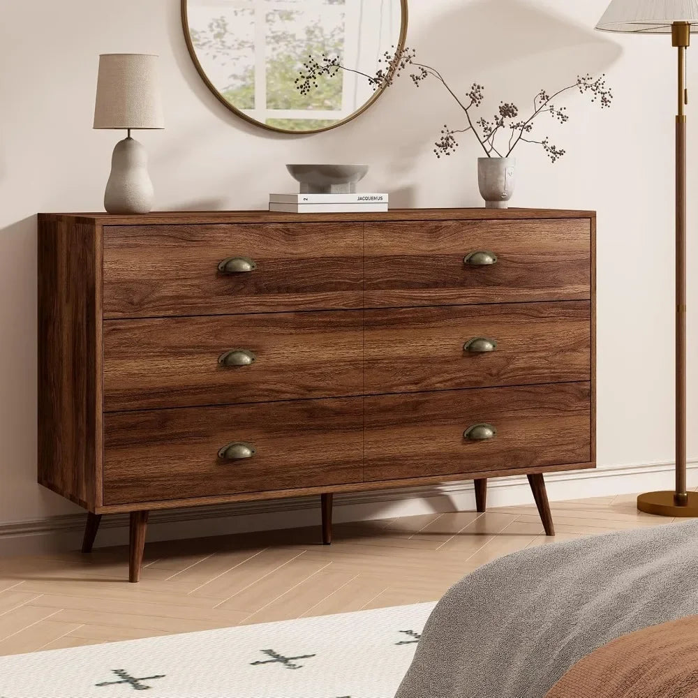 RACHEL Mid-Century Modern 6-Drawer Wood Dresser with Gold Handles - 47.24'' Wide