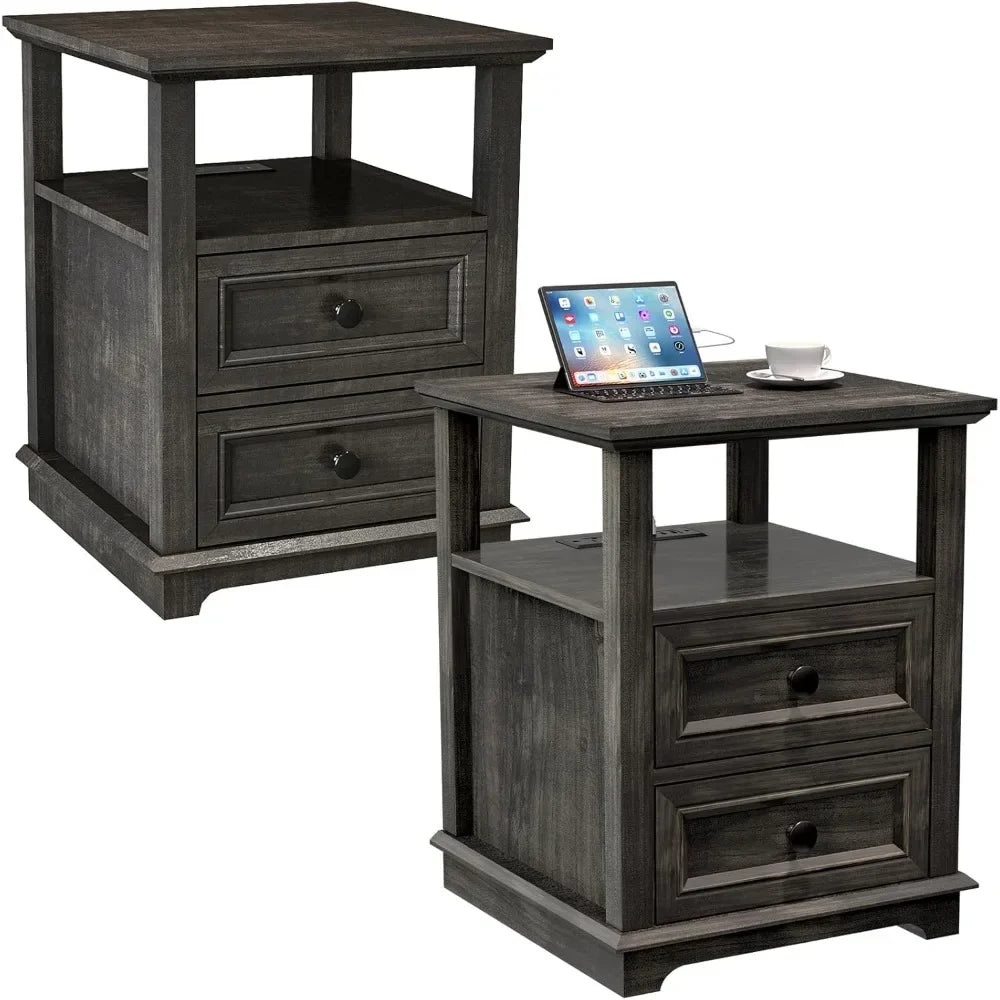 ALAYNA Rustic End Table with Charging Station & Storage Drawers