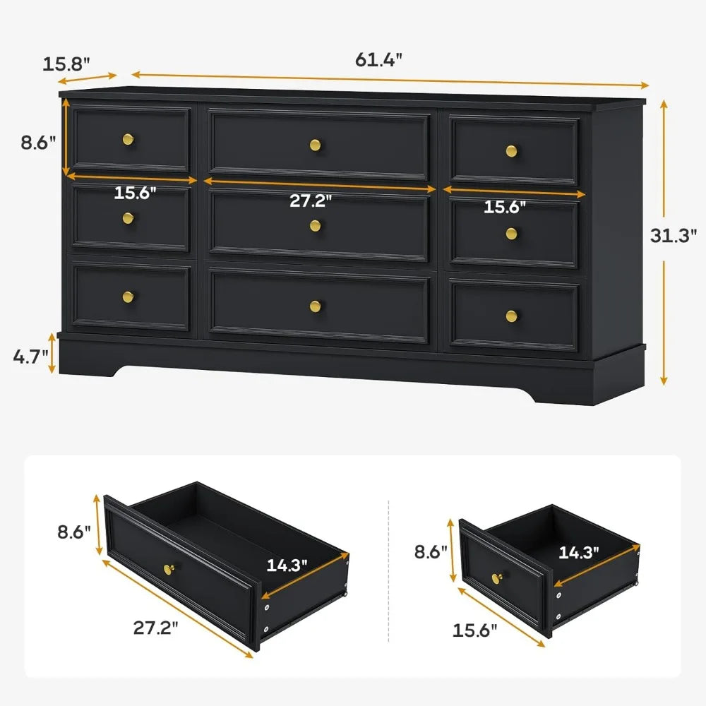 TATUM Modern 9-Drawer Dresser – Elegant Wide Chest of Drawers for Bedroom (61.4")