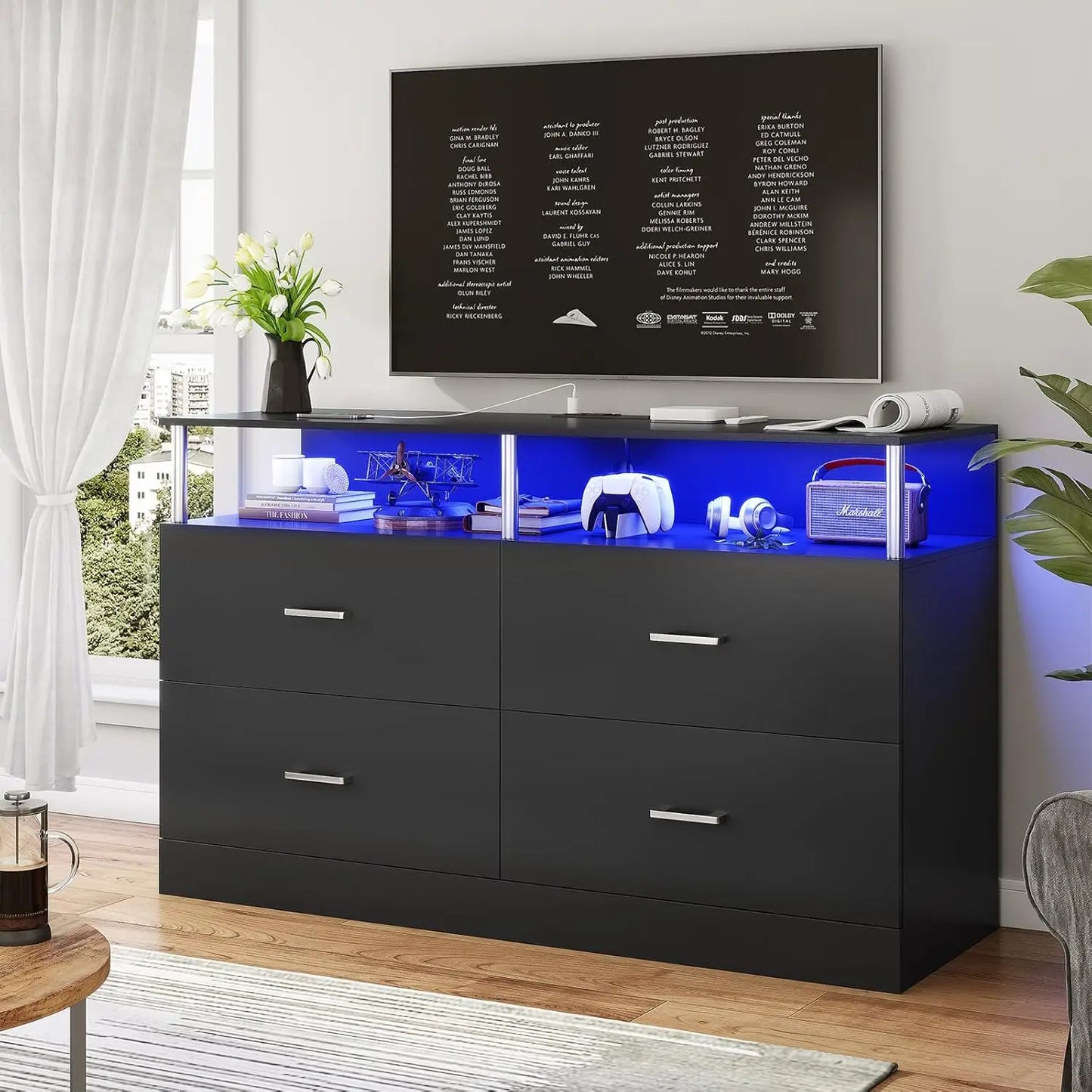 TAYLOR Modern LED Bedroom Dresser – 4 Drawer Storage Chest with Column Design & Charging Station