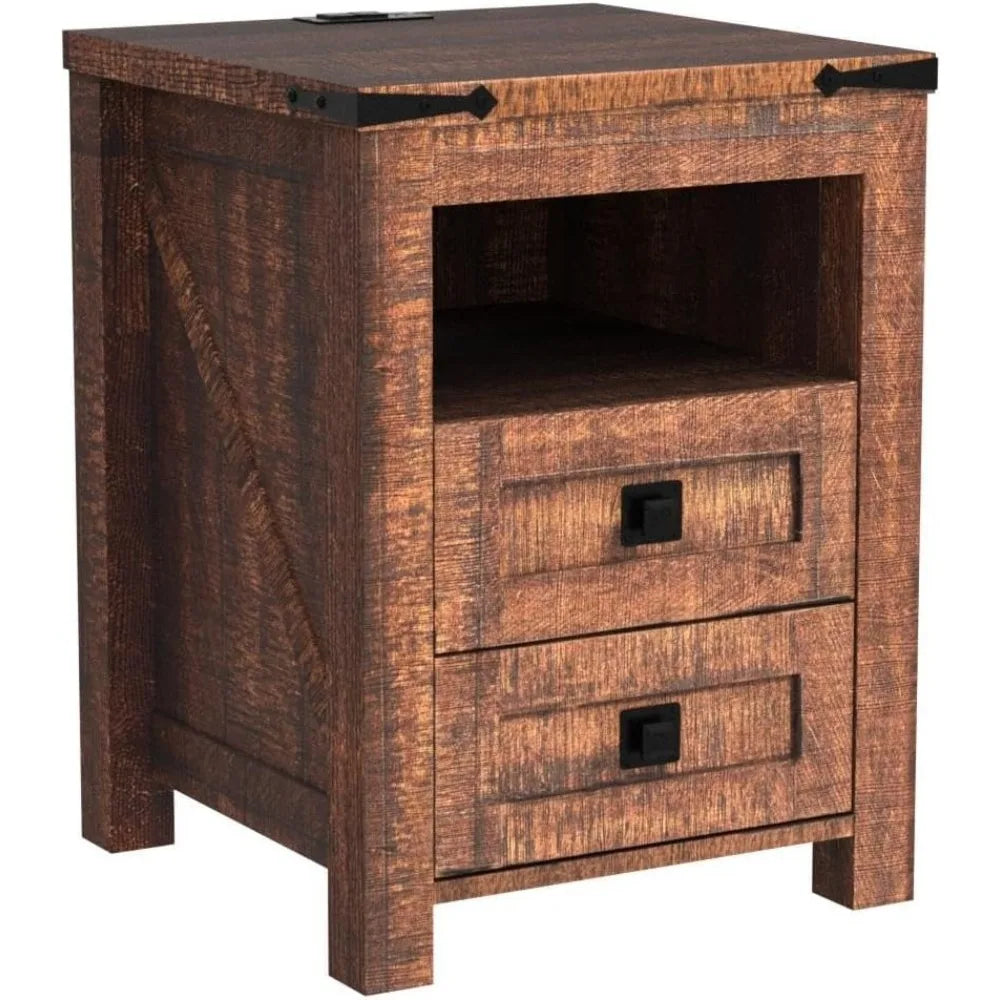 CHARLEE Rustic Farmhouse Nightstand with Charging Station & Storage - 18'' Wide