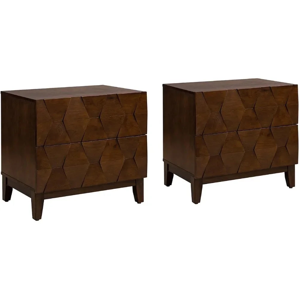 MAGGIE Modern Wooden Nightstand Set of 2 - 32'' Wide 2-Drawer Hexagonal Design with Charging Station