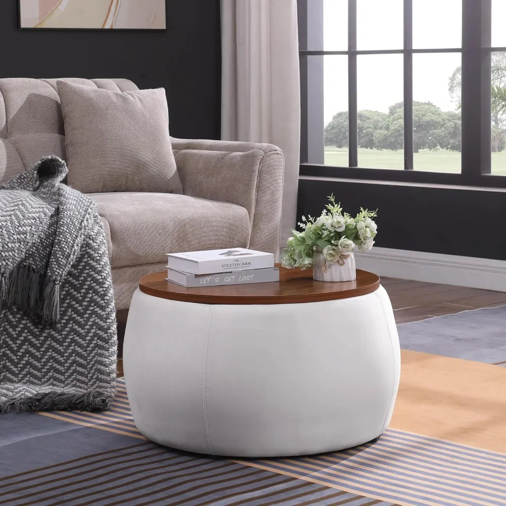 KAYLA Round Velvet Ottoman Storage Coffee Table – 26"W