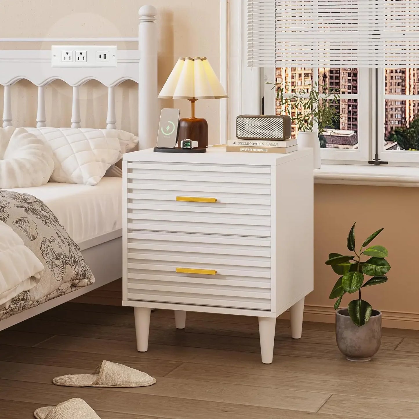 ALYSSA Modern Nightstand with Charging Station - 19" Wide Bedside Table with 2 Drawers