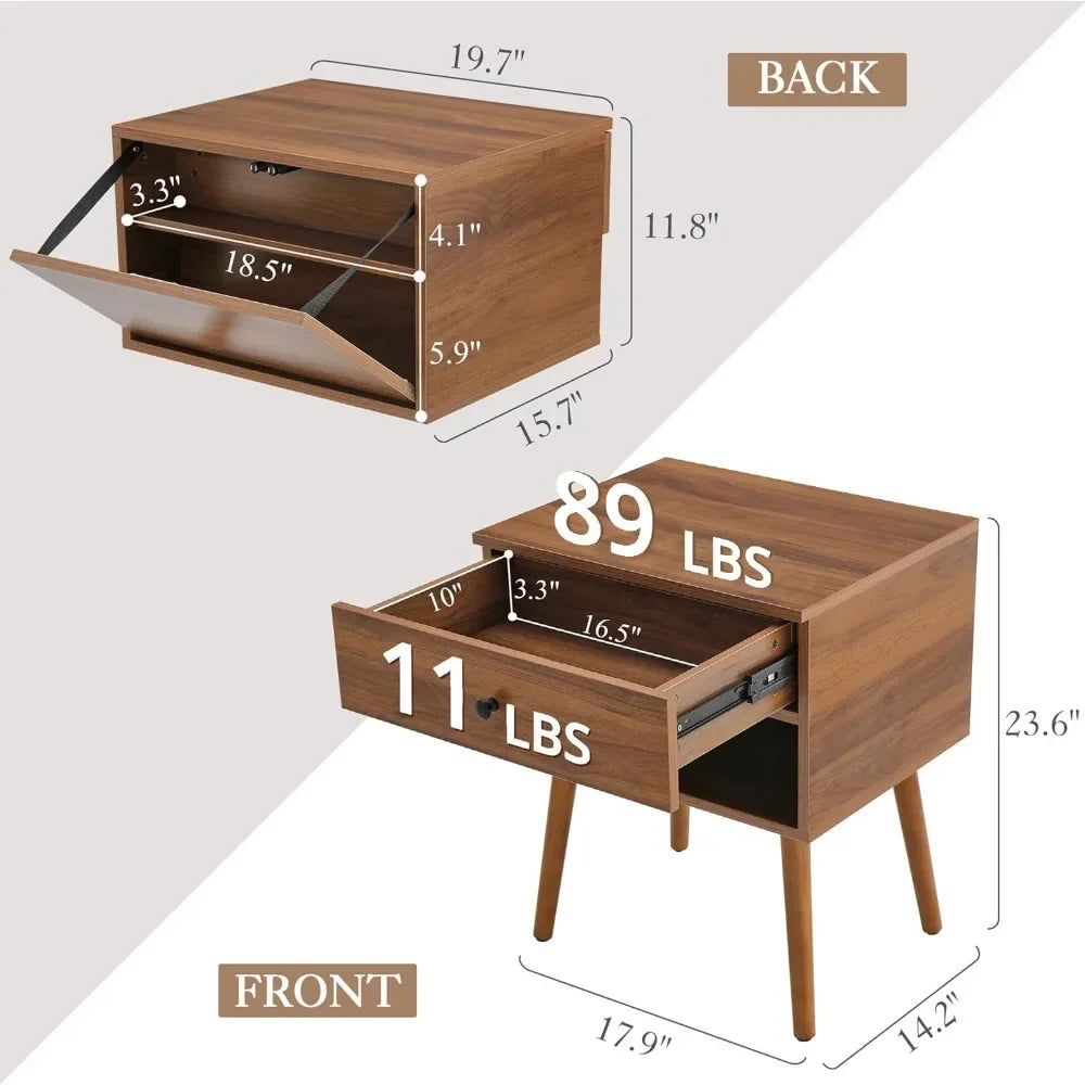 MYLAH Mid-Century Hidden Compartment Nightstand - 17.9'' Wide Bedside Table with Storage Drawer