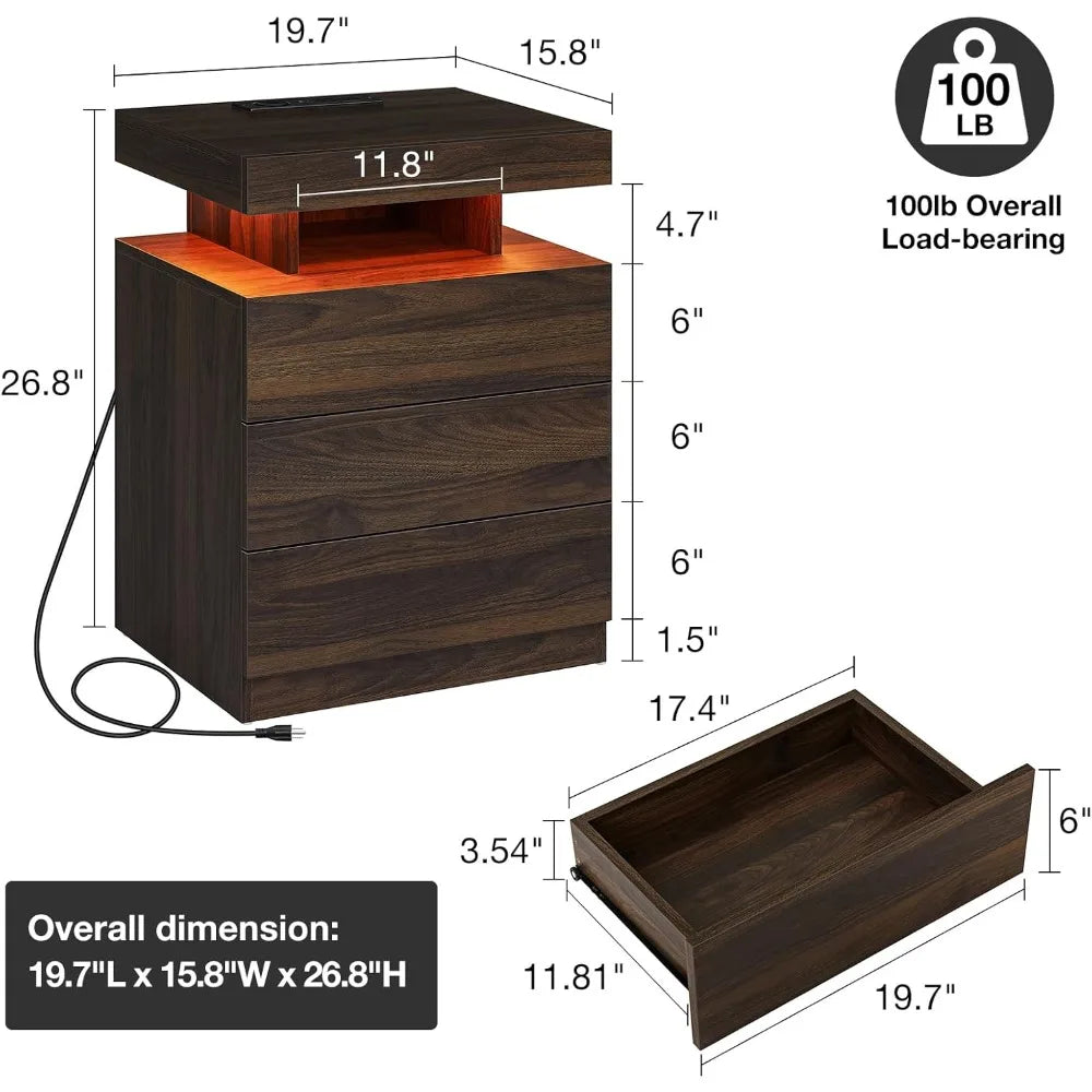 ROSEMARY Nightstand with Wireless Charging Station – 19.7" Wood LED Bedside Table with 3 Drawers