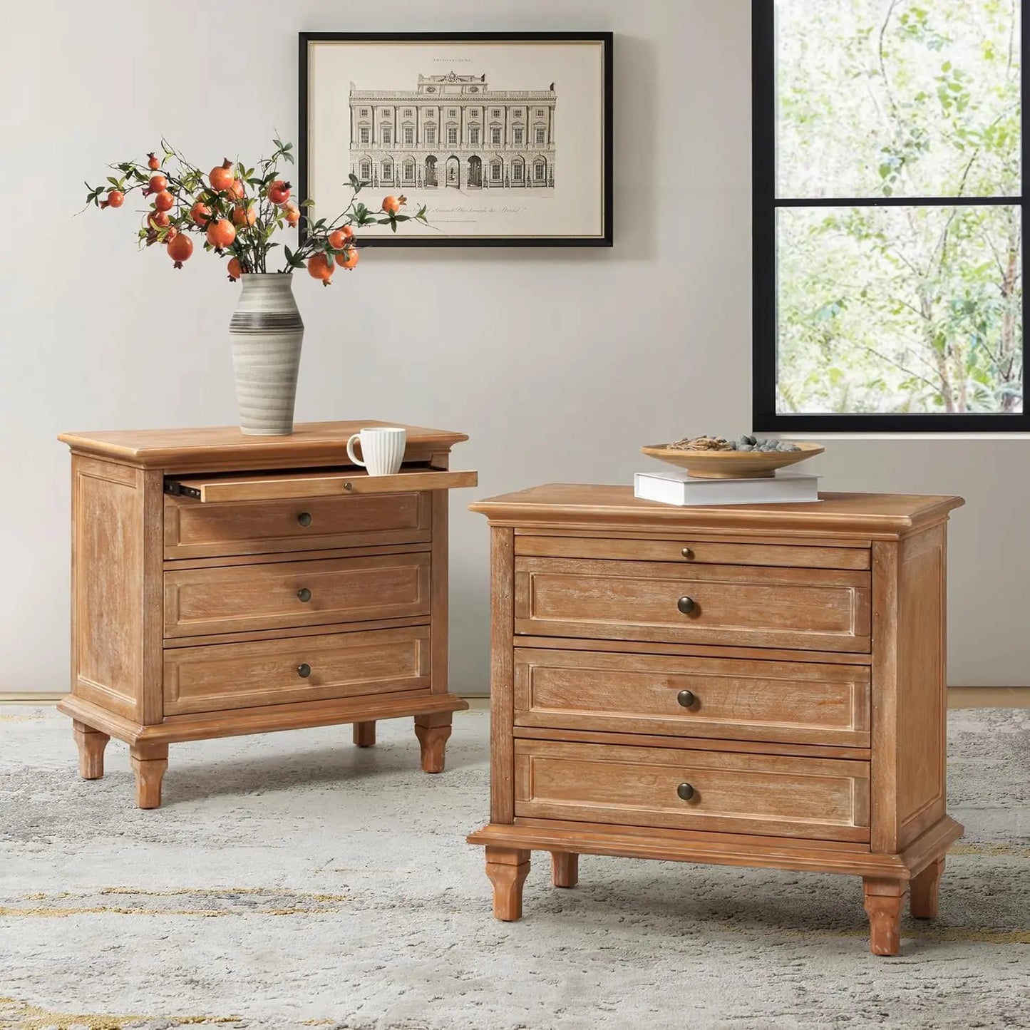 REGINA Farmhouse Nightstand Set of 2 with Charging Station, Pull-Out Shelf & Solid Wood Legs - 27''