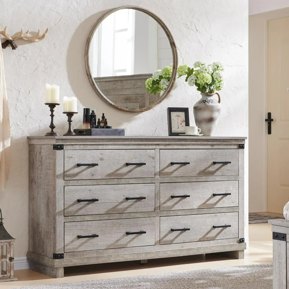 LEILA Farmhouse Rustic 6-Drawer Dresser - 54" Wide Chest of Drawers for Bedroom Storage