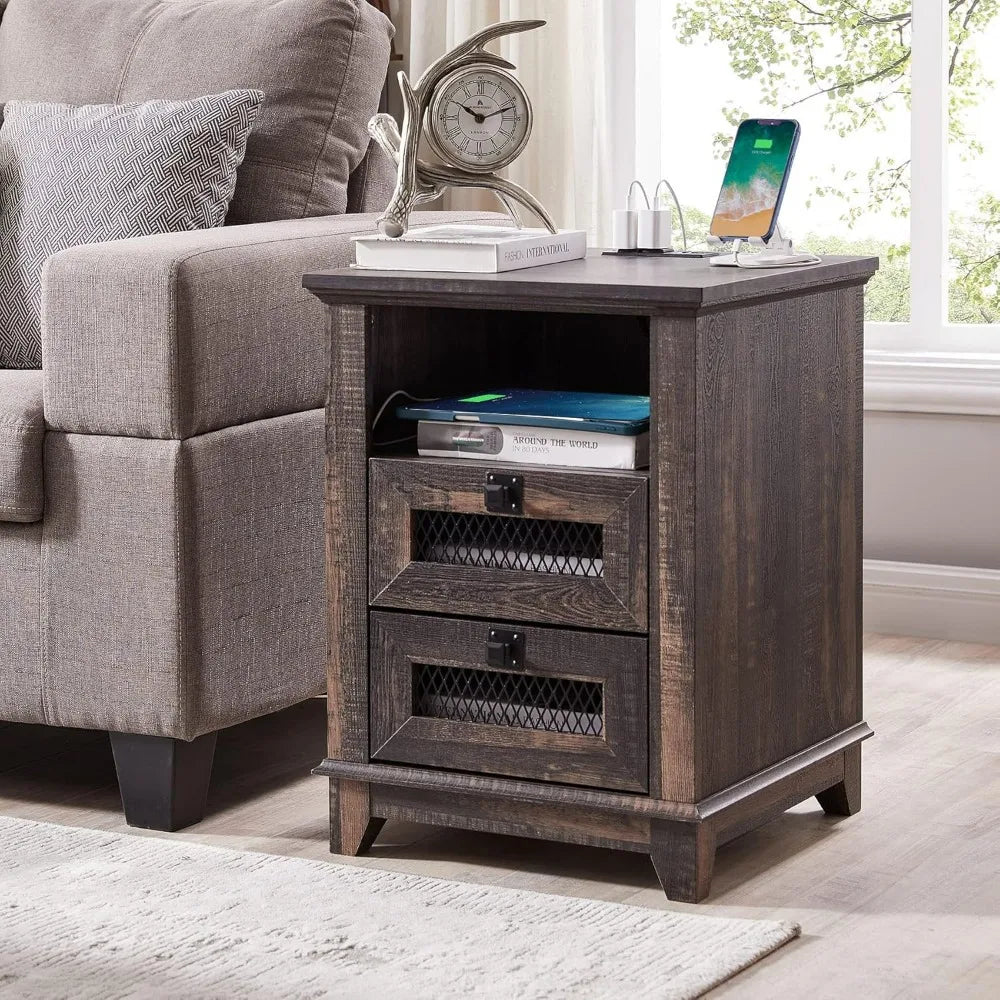 DREAM Farmhouse Nightstand with Charging Station & Mesh Drawers