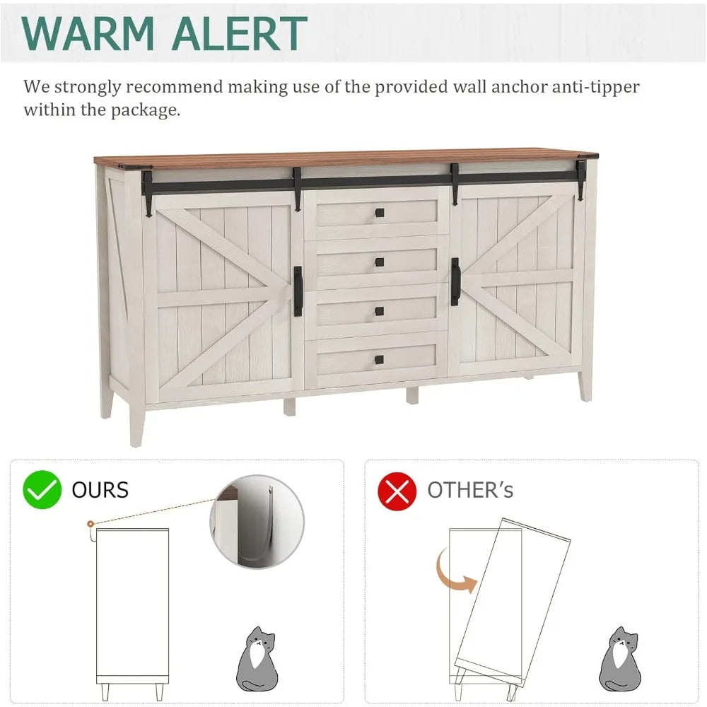 HARMONY Rustic Farmhouse Sliding Barn Door Dresser - 60" Wide Wooden Storage Chest with 4 Drawers