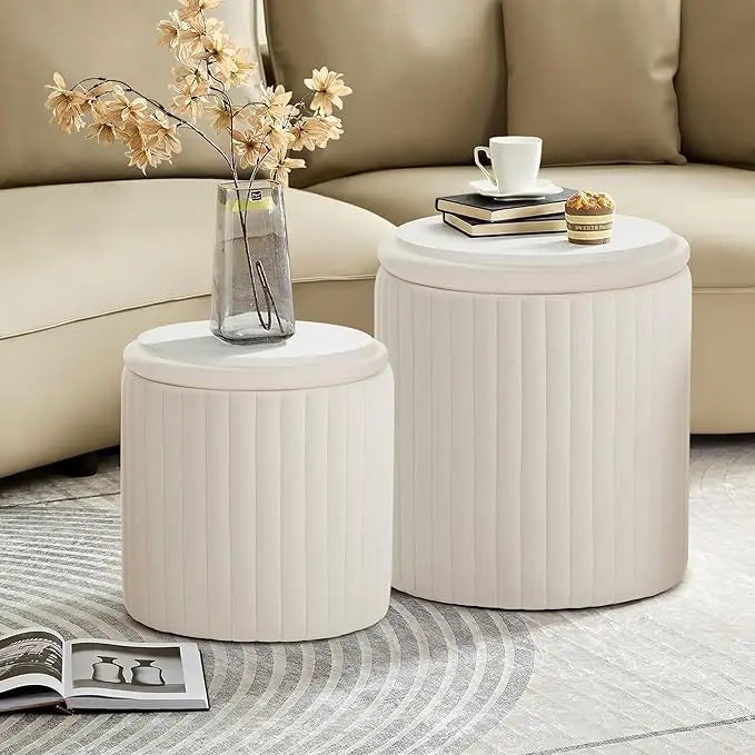 KENNEDY Round Velvet Upholstered Ottoman Set of 2 with Storage - 14.76" W