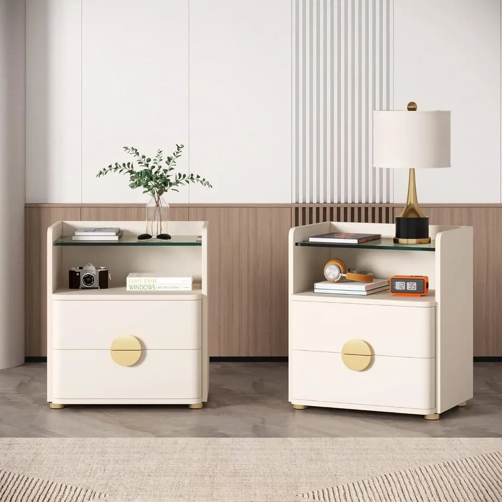 GRACELYNN Modern Glass-Top Nightstands Set of 2 – 2-Drawer Beige Bedside Table with Open Storage