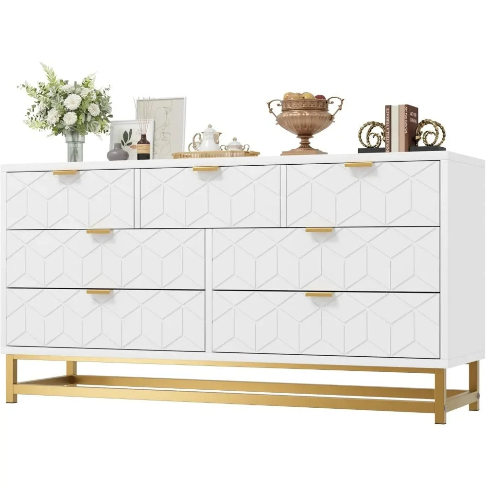 EVANGELINE Modern Geometric 7-Drawer Dresser - 53.5" Wide Storage Chest with Gold Metal Legs