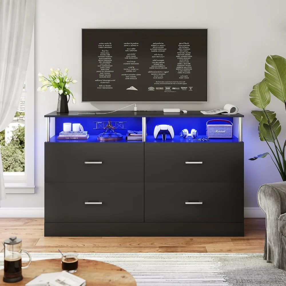 TAYLOR Modern LED Bedroom Dresser – 4 Drawer Storage Chest with Column Design & Charging Station
