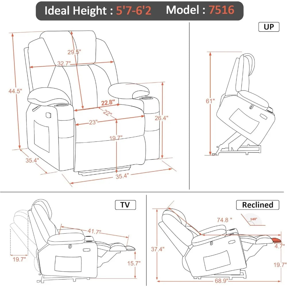 CARSON Large Power Lift Recliner Chair with Massage & Heat - Mocha - 35.4" W