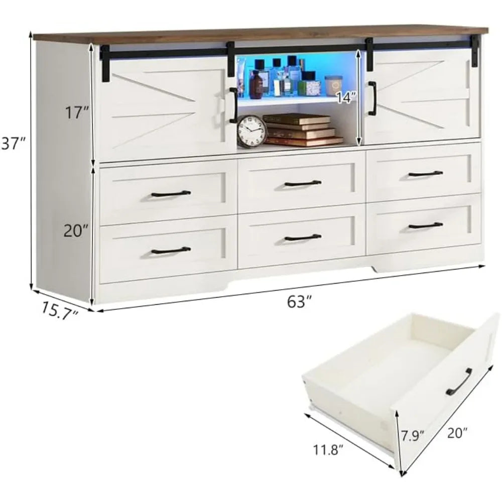 GRACIE Rustic Farmhouse 6-Drawer Dresser with LED Lights & Sliding Barn Doors