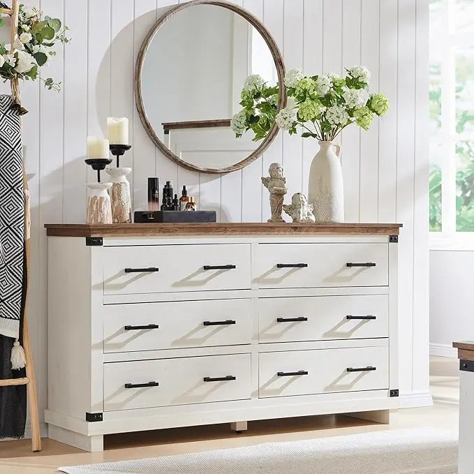 LEILA Farmhouse Rustic 6-Drawer Dresser - 54" Wide Chest of Drawers for Bedroom Storage