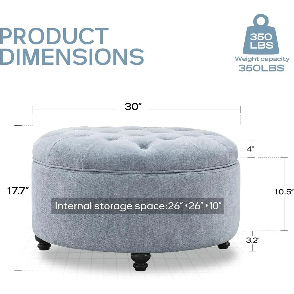 CHASE 30-Inch Round Storage Ottoman with Button Tufting and Removable Top - 30" W