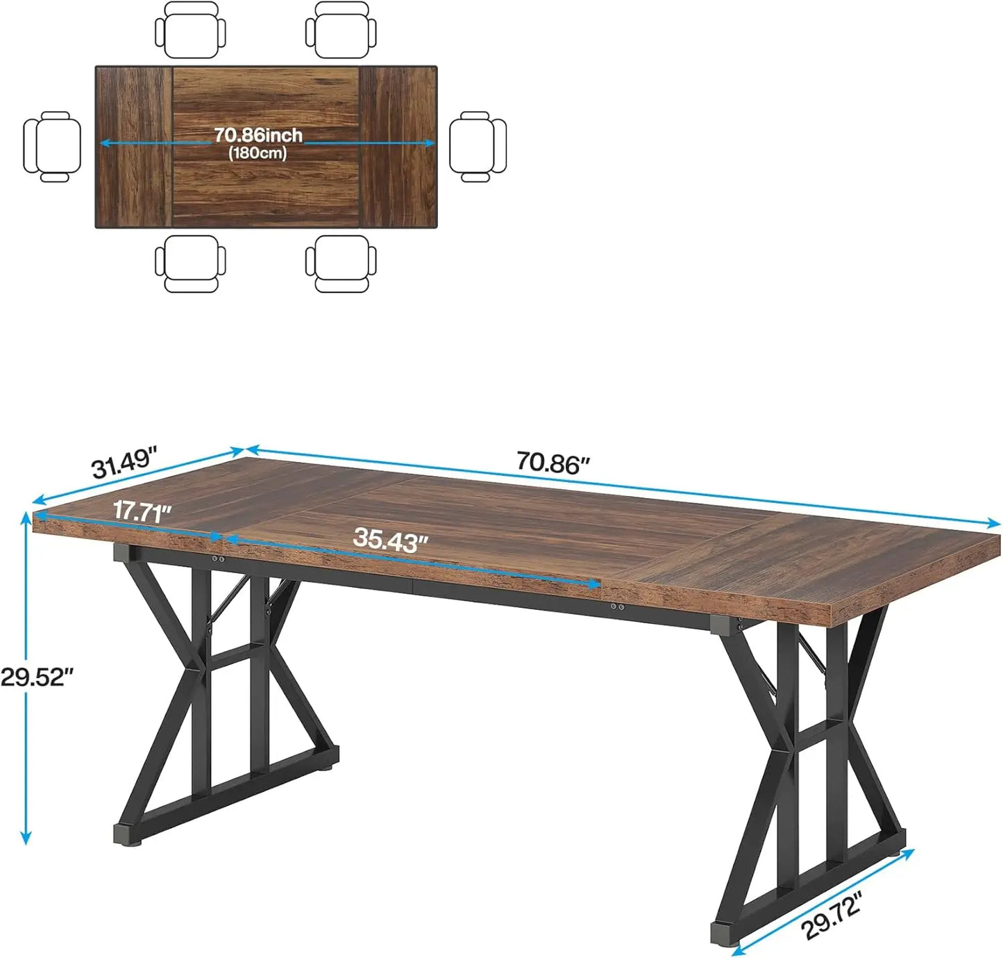 EMILY Rustic Farmhouse Rectangular Dining Table - 70.8" W