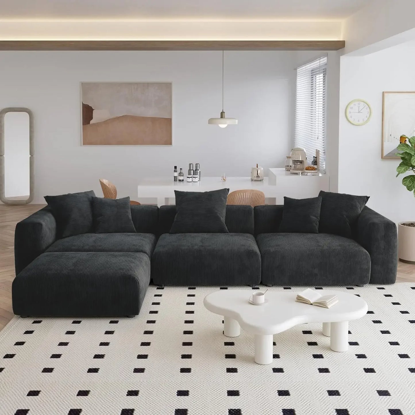 JESUS Modern Corduroy L-Shaped Modular Sectional Sofa – Oversized Couch with Ottoman, 141.73"W