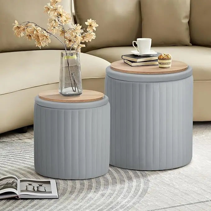 KENNEDY Round Velvet Upholstered Ottoman Set of 2 with Storage - 14.76" W