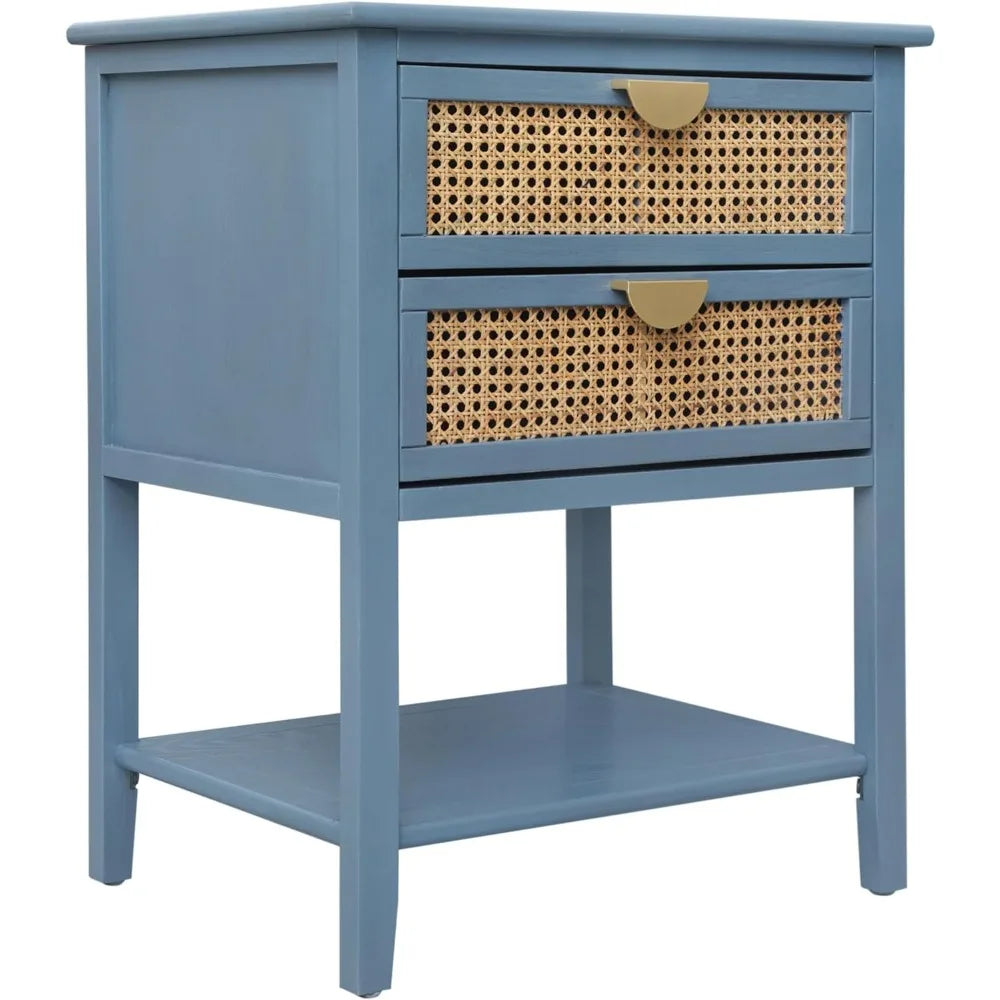 EVELYNN Modern Blue Rattan Nightstand Set - 2-Drawer Side Table 18'' Wide