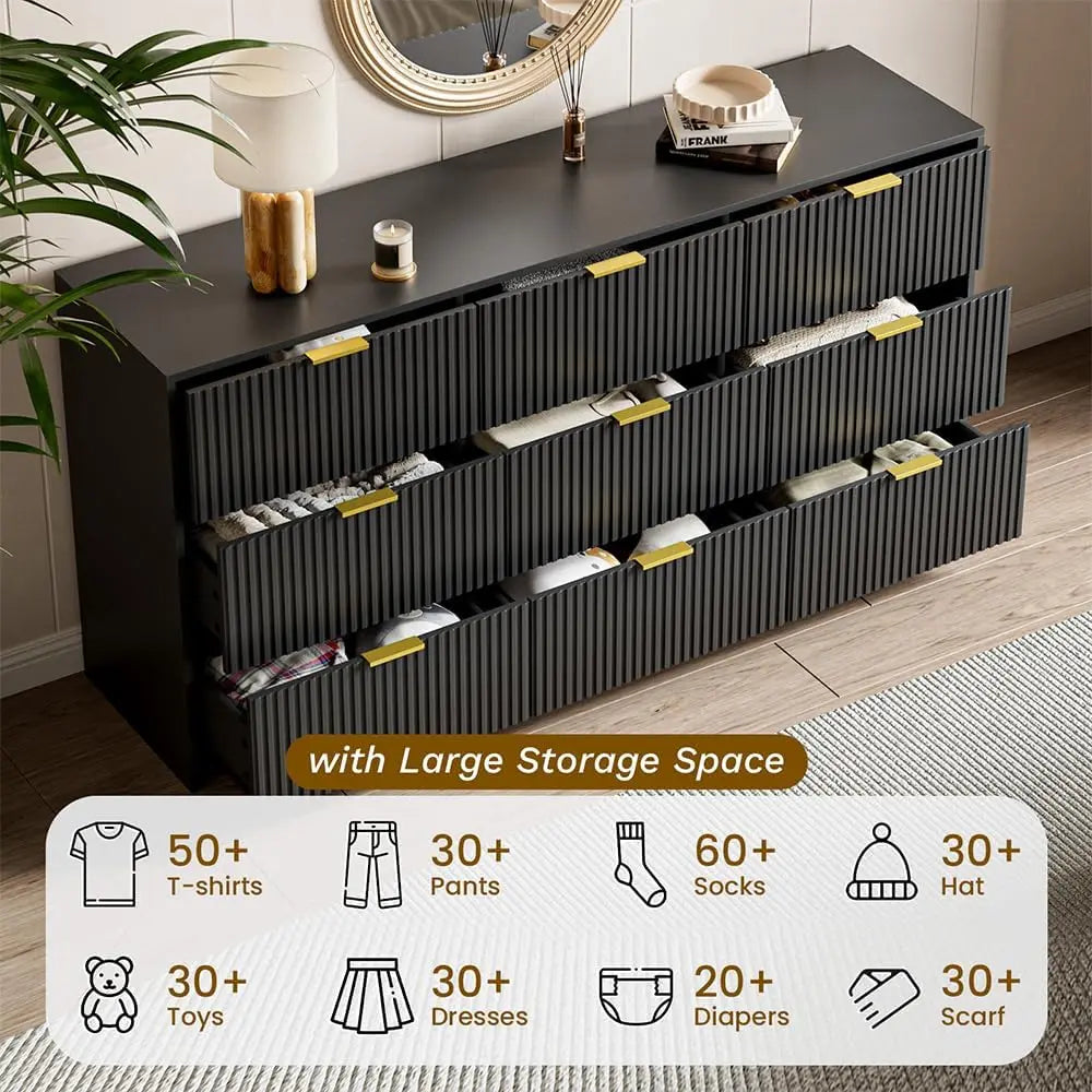 ANGELA Modern Fluted 9-Drawer Dresser - 63'' Wide Black Wood Storage Chest