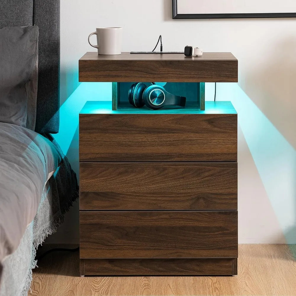 ROSEMARY Nightstand with Wireless Charging Station – 19.7" Wood LED Bedside Table with 3 Drawers