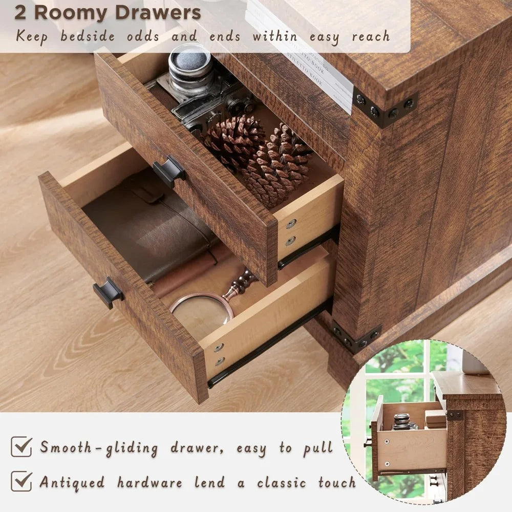 SELAH Rustic Farmhouse Nightstand with Charging Station – 18" Wooden End Table with Storage Drawers