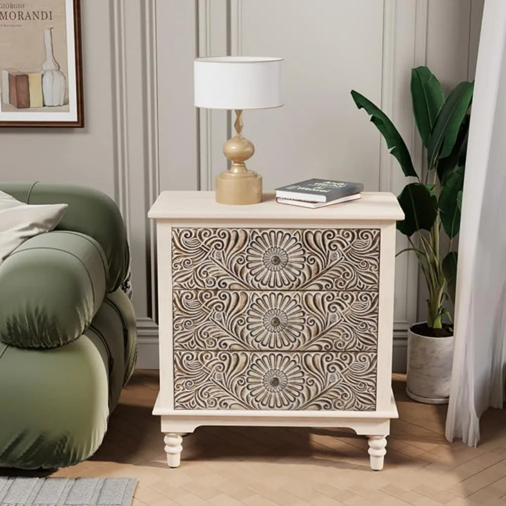 HOPE Vintage Floral Carved Wooden Nightstand Set – 18" Wide Bedside Table with 2 Drawers