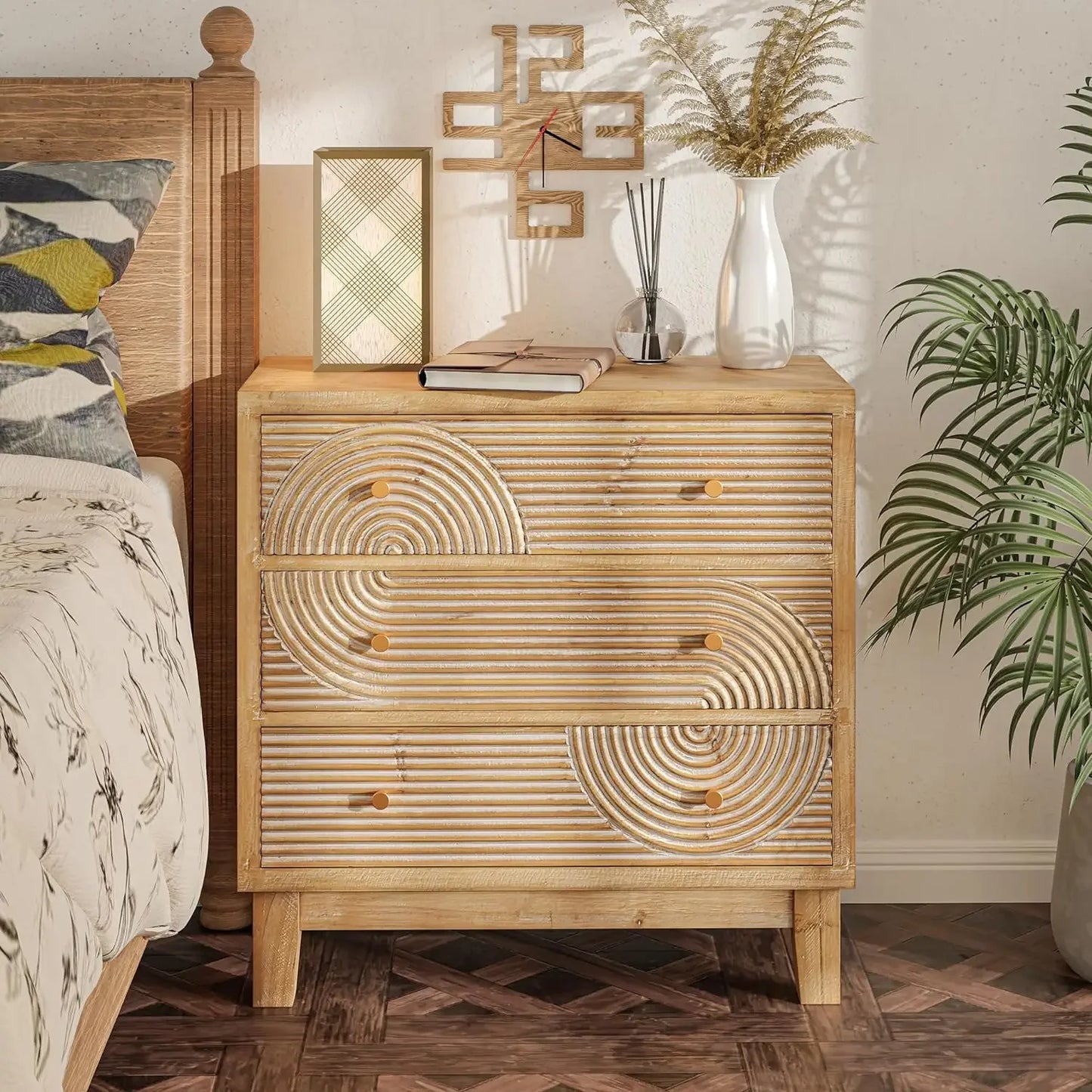ADELYNN Farmhouse Boho Nightstand with Handcrafted Wood Ring Pattern - 18.5"W