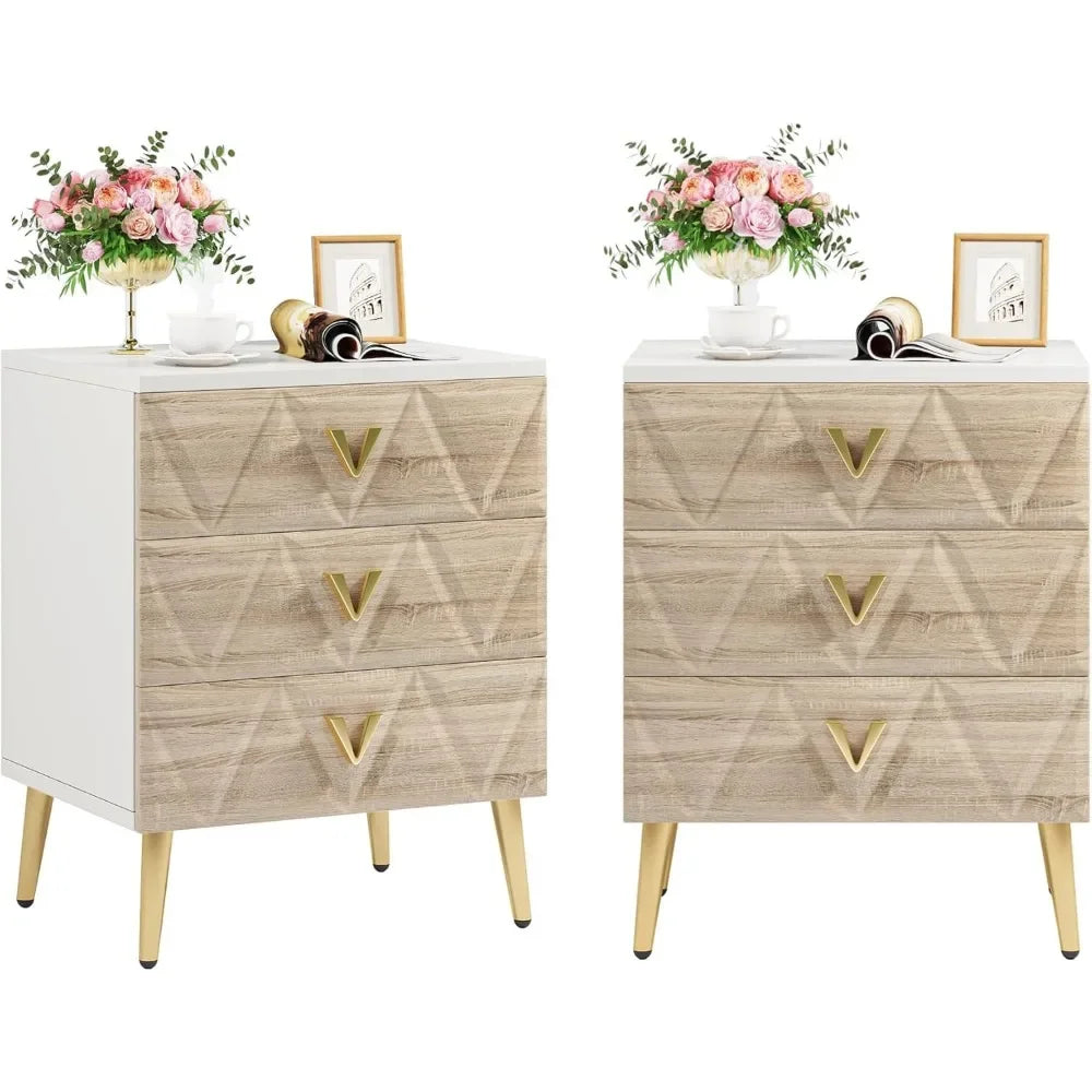 AZALEA Modern 3-Drawer Nightstand with Golden Legs - 19.69" W Stylish Bedside Table