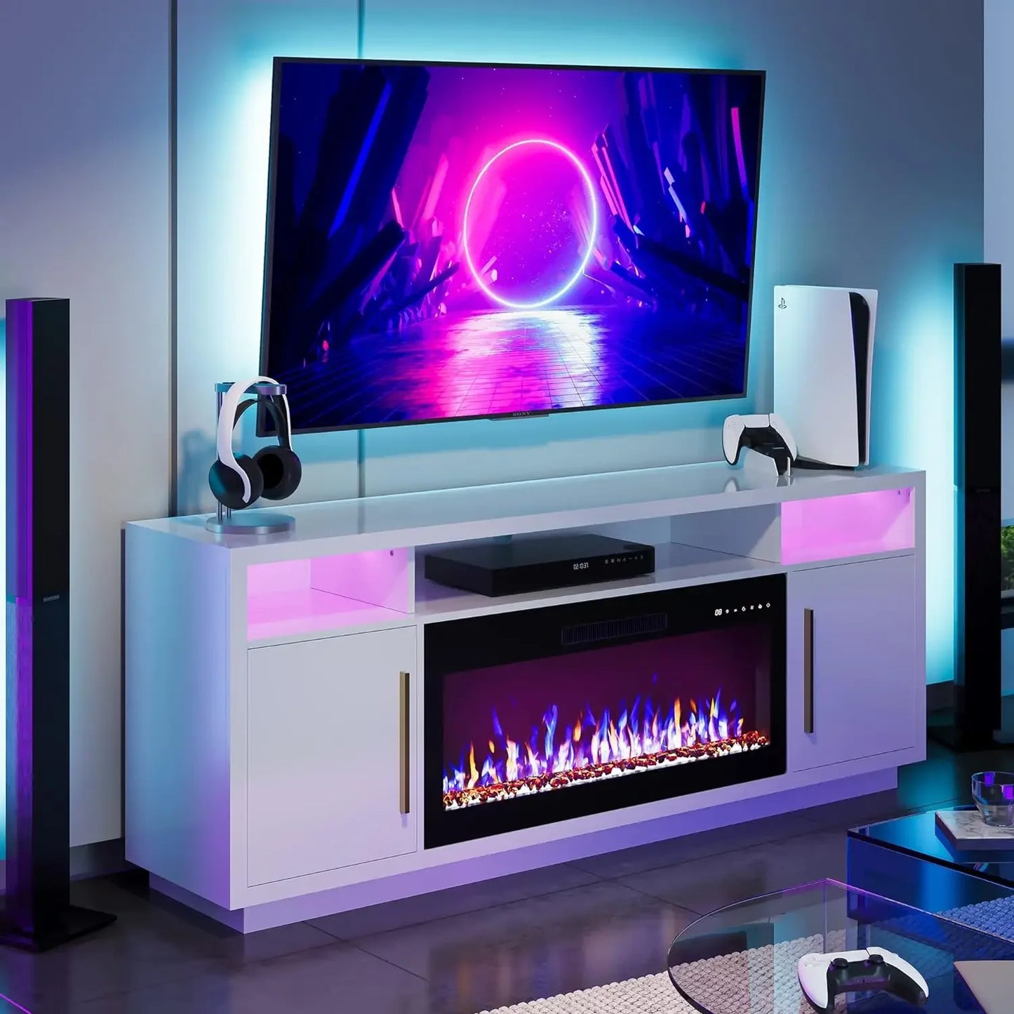 ASHLEY LED Light Entertainment Center, Electric Fireplace with Storage- 70" W