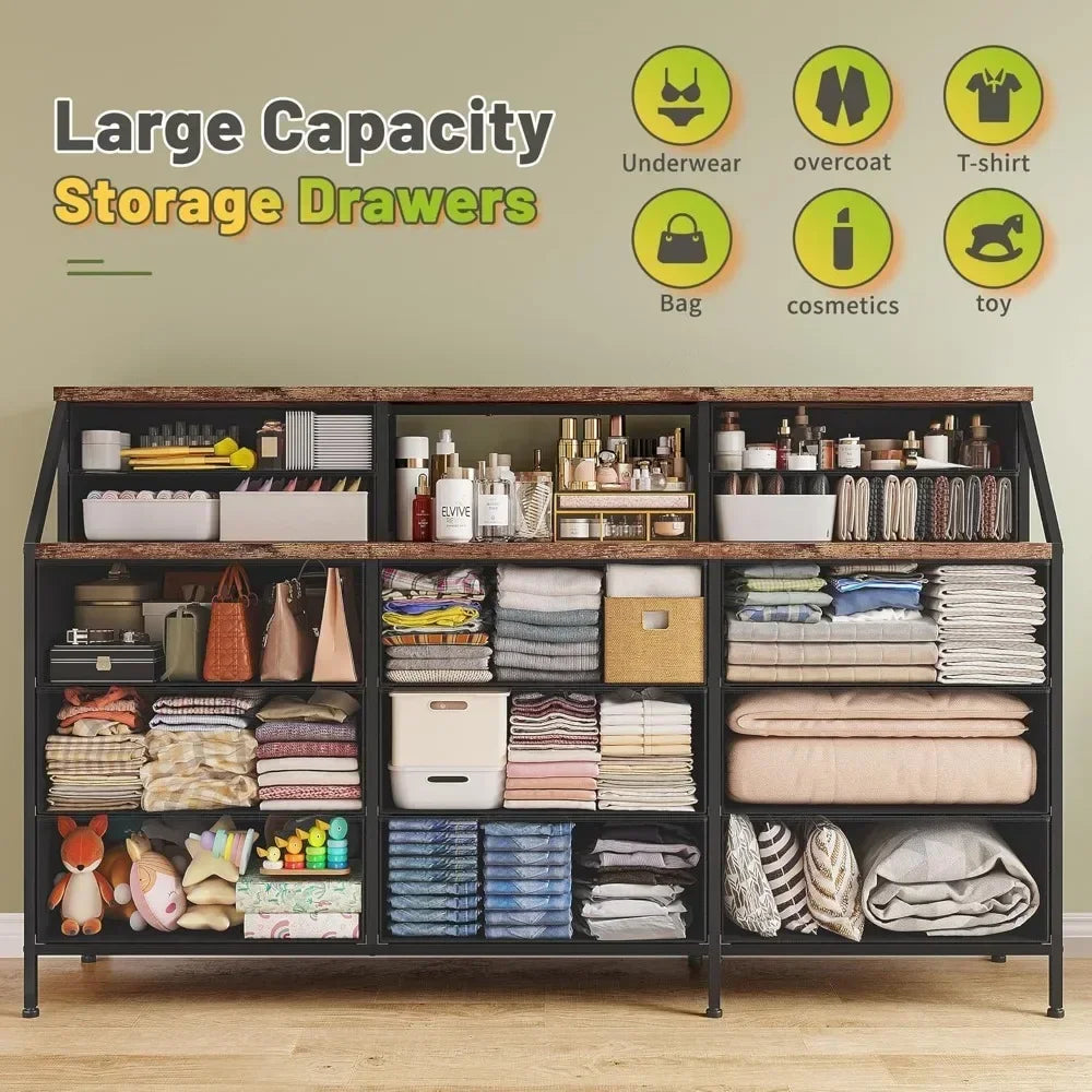 OPHELIA Modern Wide Storage Dresser – 13 Drawer Organizer with Open Shelves | 55.1'' W
