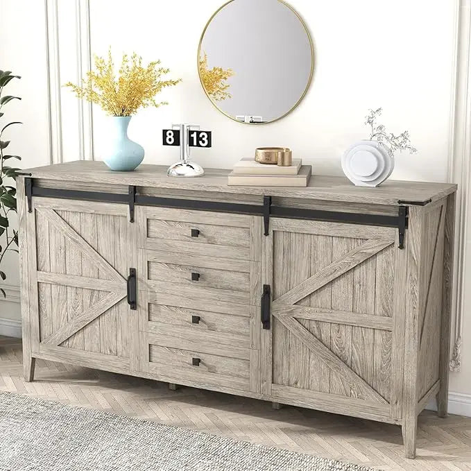 HARMONY Rustic Farmhouse Sliding Barn Door Dresser - 60" Wide Wooden Storage Chest with 4 Drawers