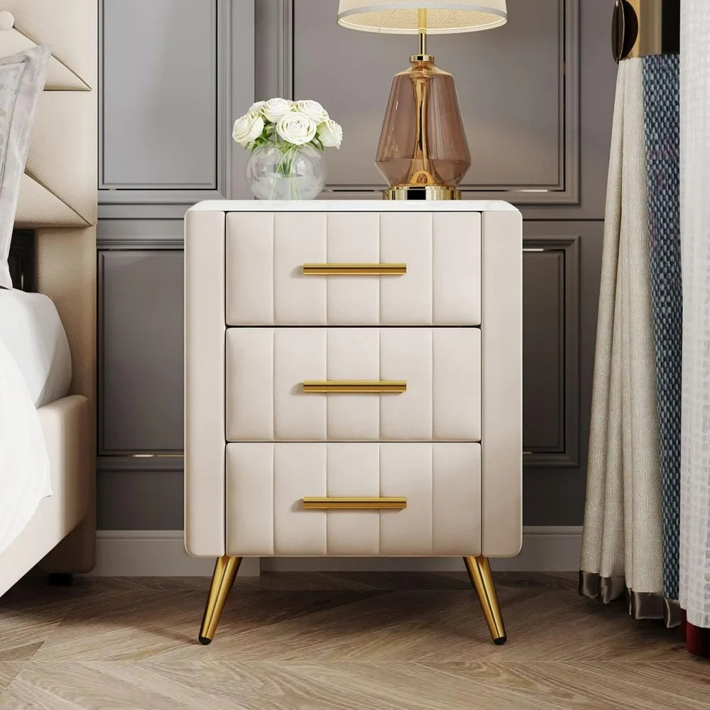 JOANNA Velvet Upholstered Nightstand with Faux Marble Top, 3-Drawer Modern Bedside Table - 16.3''
