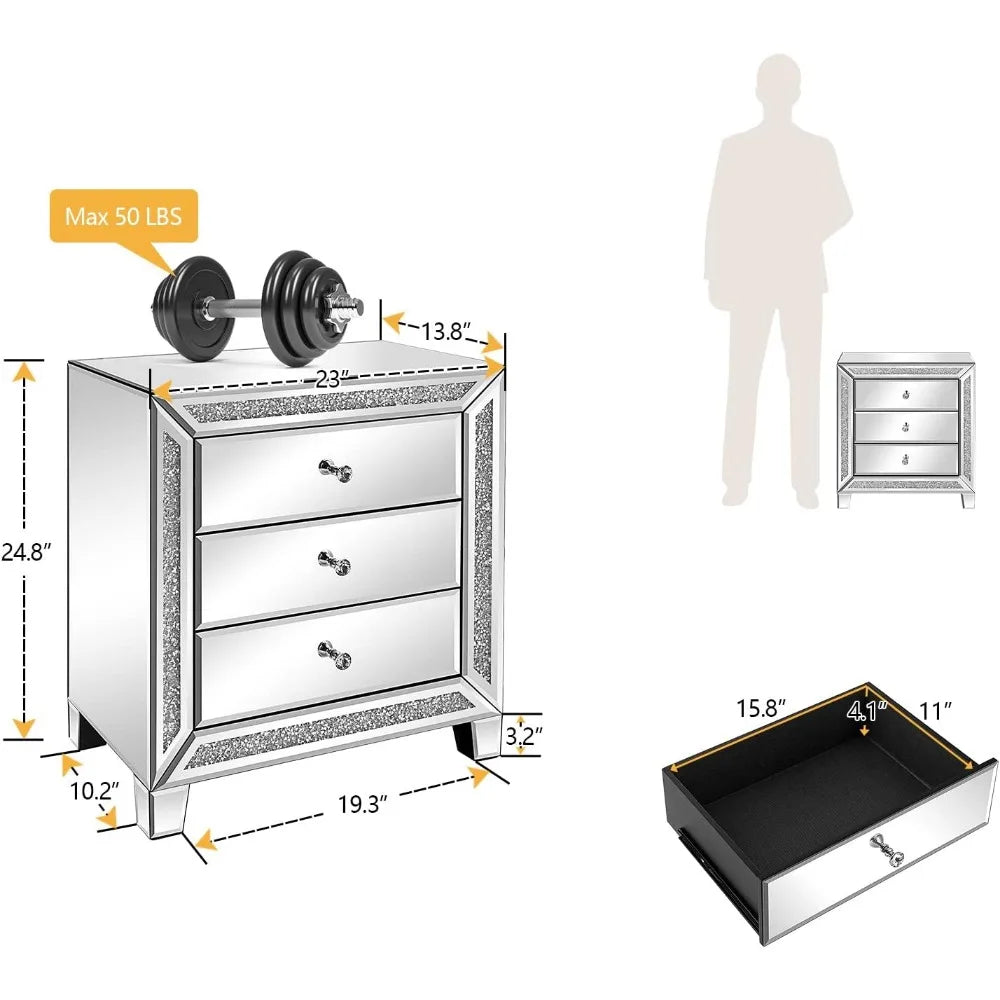 JULIANNA Mirrored Glam Nightstand Set of 2 - 23" Wide 3-Drawer Bedside Tables