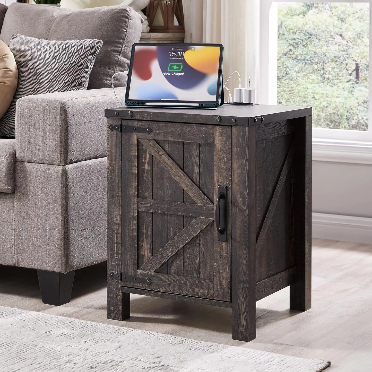CAMILLA Rustic Farmhouse Barn Door Nightstand with Charging Station - 18'' Wide