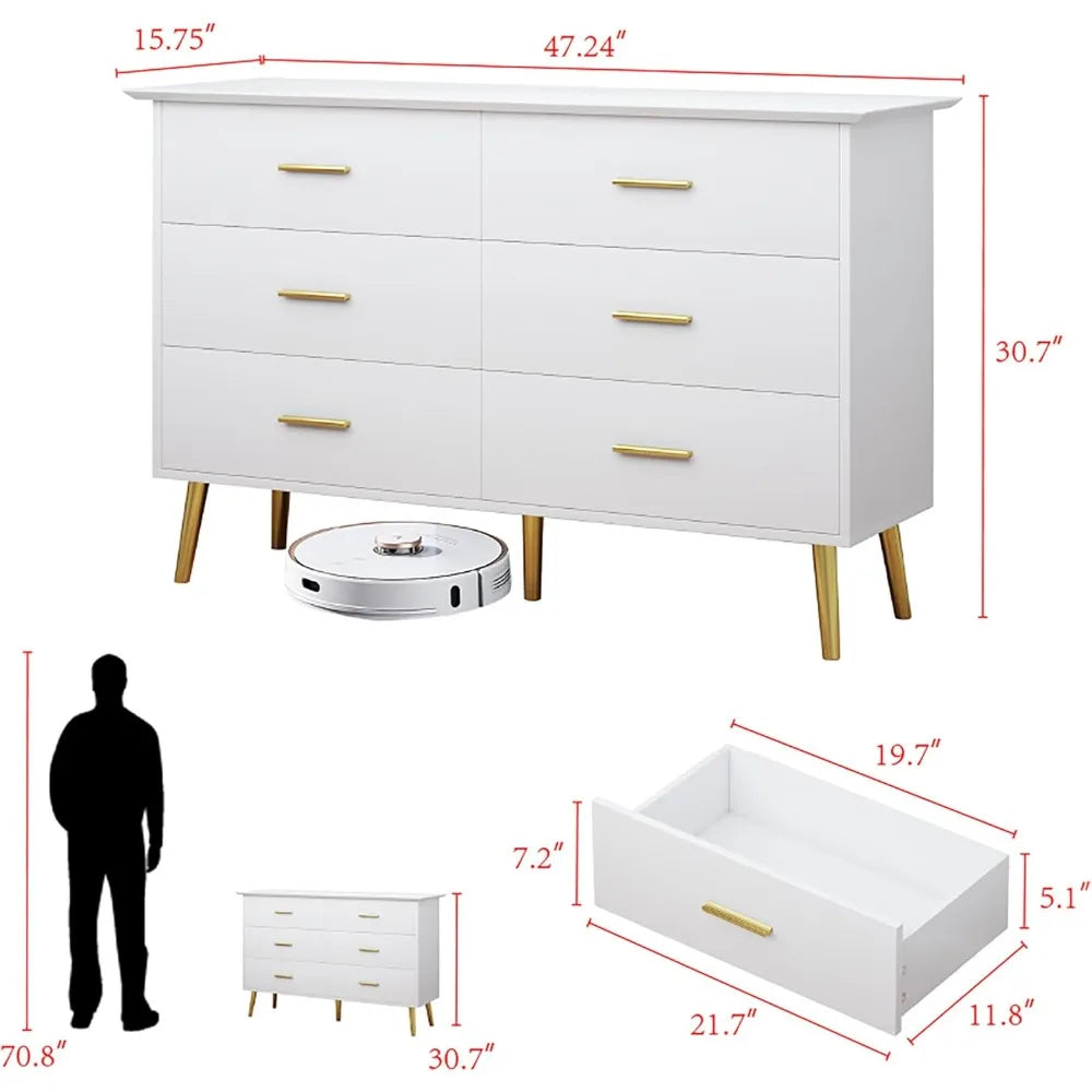 ANTONELLA Modern LED White Dresser – 6 Drawer Chest with Gold Handles – 47.2''