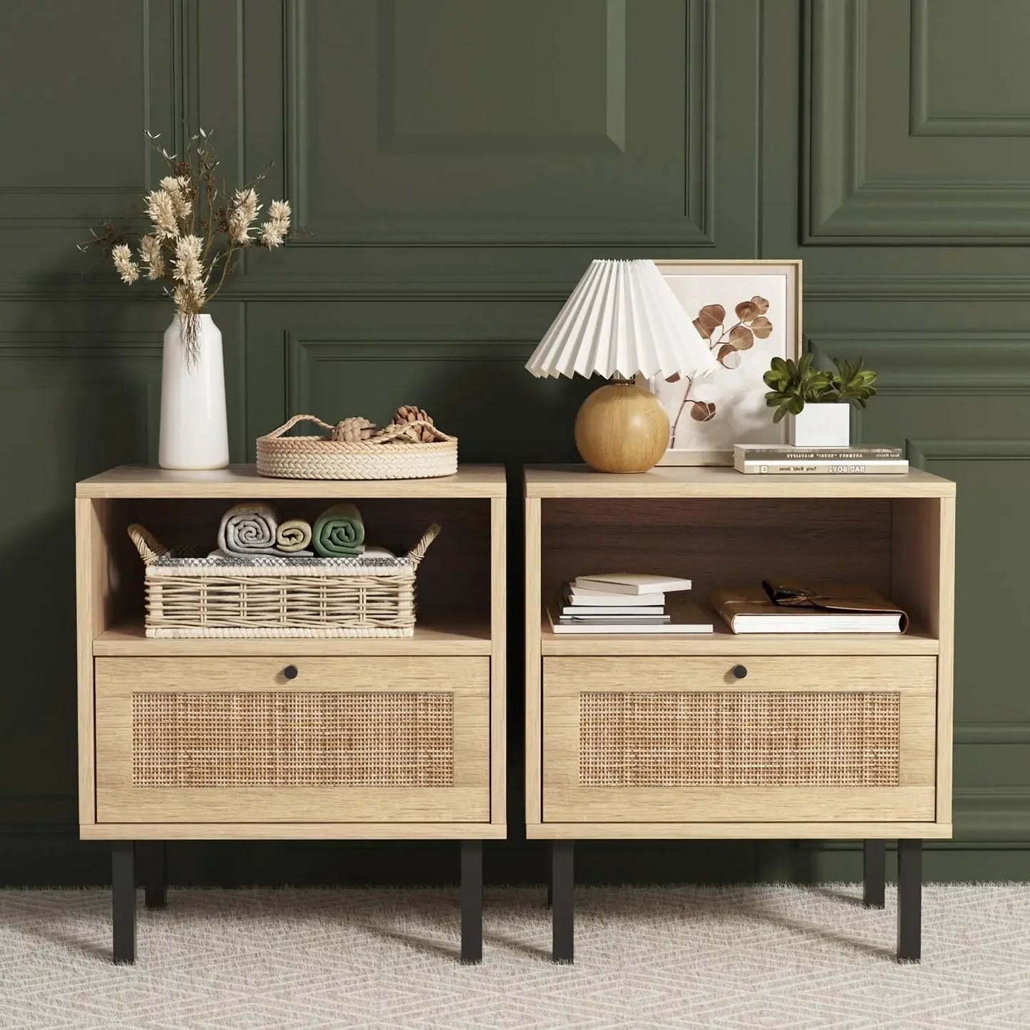 GISELLE Wooden Bedside Table with Metal Legs & Open Shelf - 18.9'' Wide