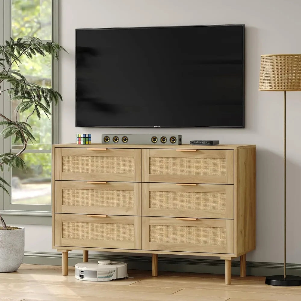 PALMER Modern Rattan 6-Drawer Wooden Dresser - 43" Wide Chest of Drawers