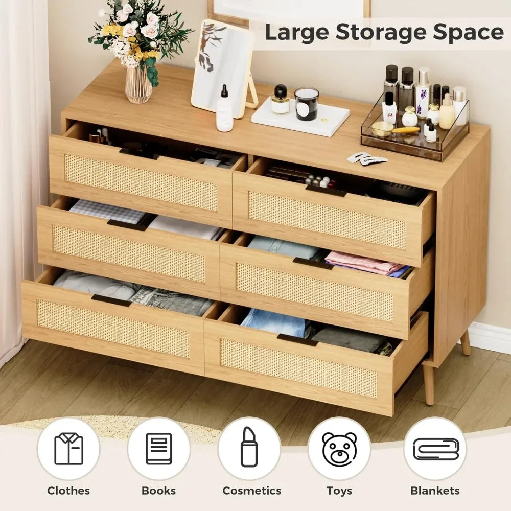 ALAINA Mid-Century Rattan 6-Drawer Double Dresser - 47.1''