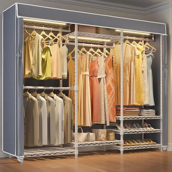 MICHELLE Wardrobe Rack – Metal Portable Closet Organizer with Cover & Adjustable Shelves