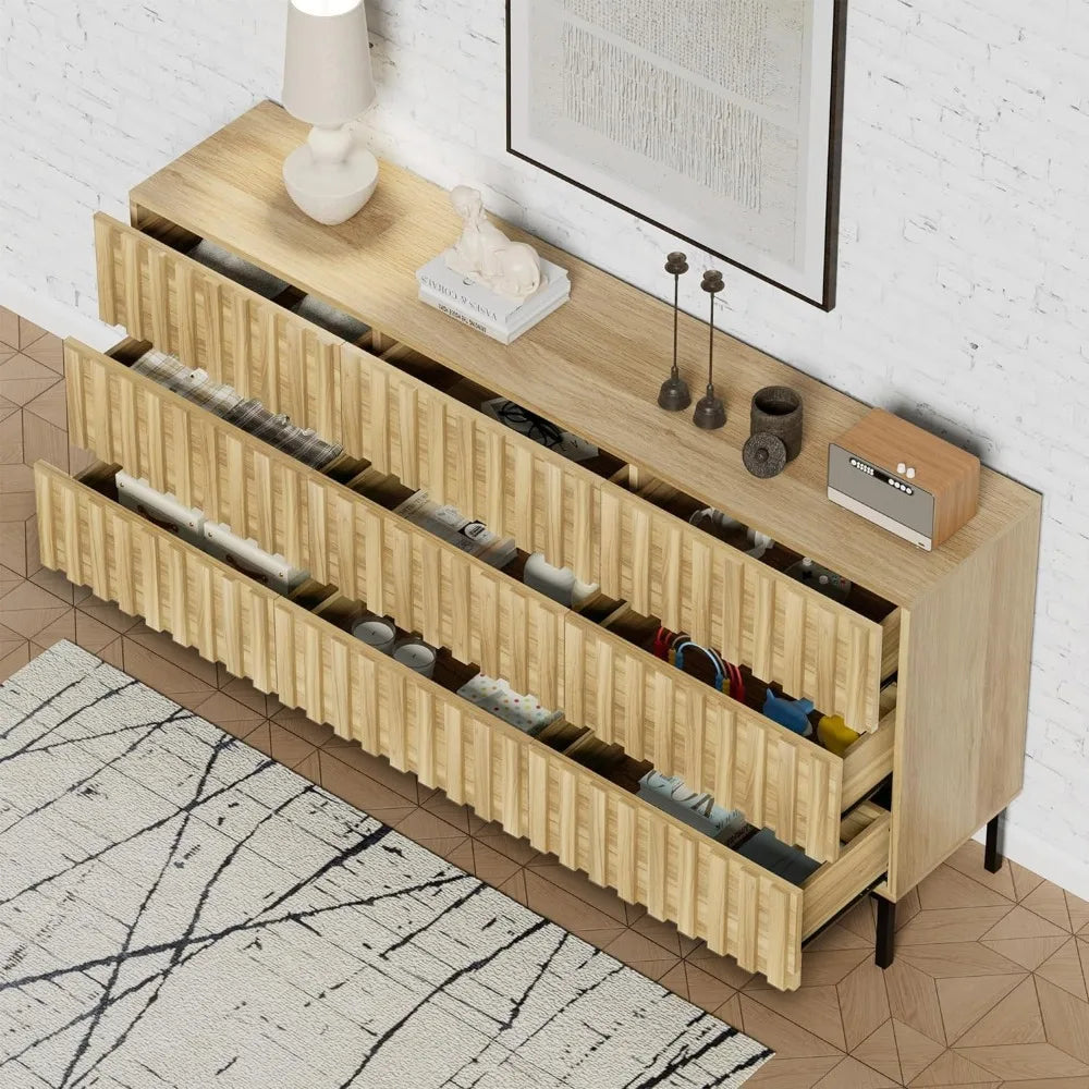 ROWAN Mid-Century Modern Fluted 9 Drawer Dresser - 59" Wide Wood Chest of Drawers